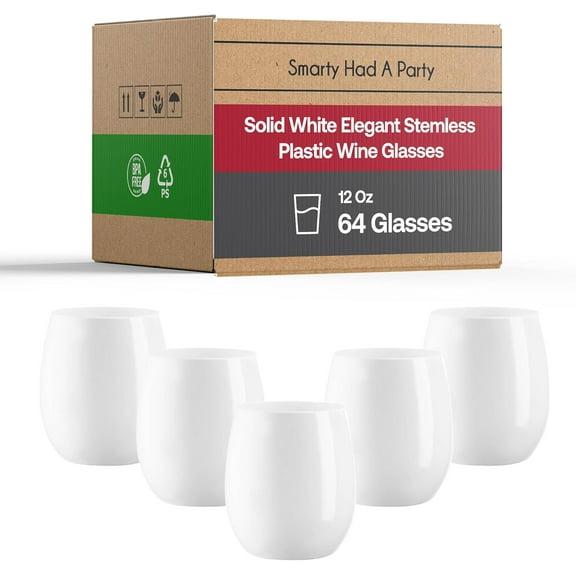 Smarty Had A Party 12 oz Wine Glasses Pack of 64 White Stemless Plastic Glasses, Unbreakable Disposable Drinkware for Parties and Events