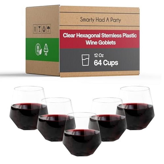 Smarty Had A Party 12 oz Wine Goblets Pack of 64 Clear Stemless Plastic Goblets, Unbreakable and Disposable for Parties and Events