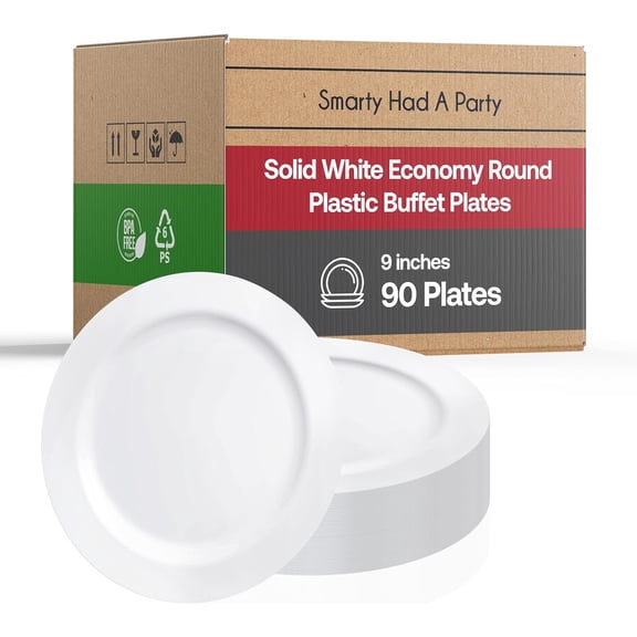 Smarty Had A Party - 9 Inch White Dinner Buffet Plates 90 Pack BPA-Free, Recyclable Plastic Dinner Plates for Parties, Weddings & Events