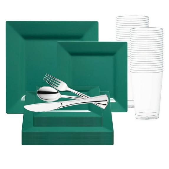 Smarty Hunter Green Square Plastic Plates Wedding Value Set (120 Guests)