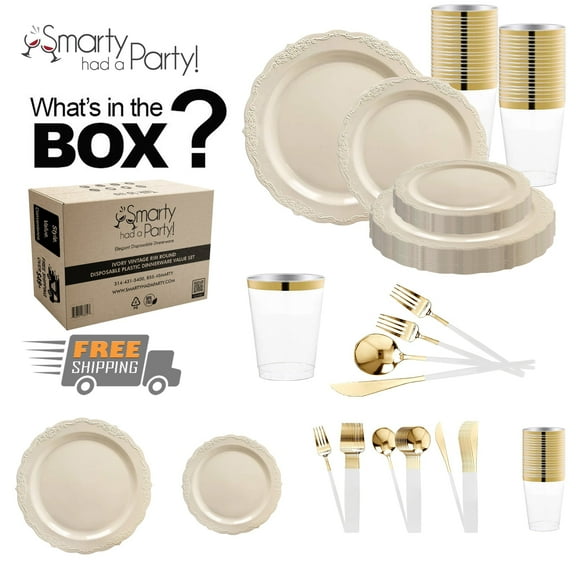 Smarty Ivory Vintage Disposable Plastic Tableware Set (60 Guests)