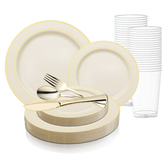 Smarty Ivory with Gold Edge Rim Plastic Wedding Value Set (60 Guests)