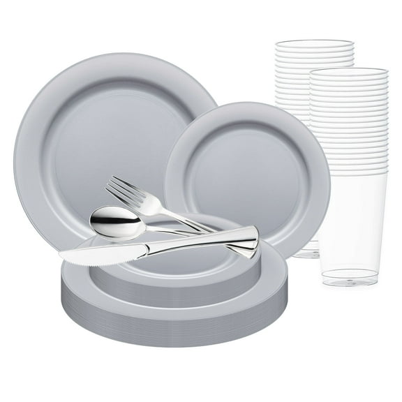 Smarty Matte Steel Gray Round Disposable Plastic Wedding Value Set (60 Guests)