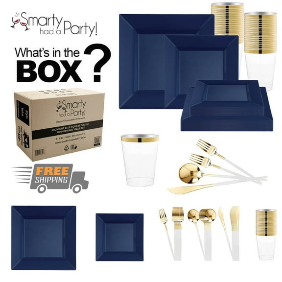 Smarty Midnight Blue Square Disposable Plastic Tableware Set (120 Guests)
