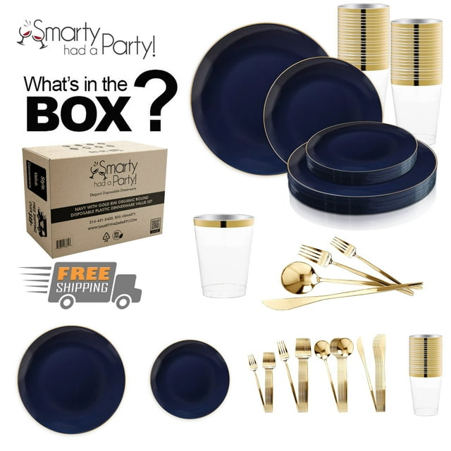 Smarty Navy with Gold Organic Disposable Plastic Tableware Set (60 Guests)
