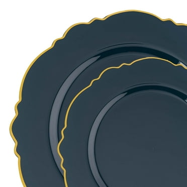 Smarty Navy with Gold Rim Round Blossom Disposable Plastic Dinnerware Value Set 240ct