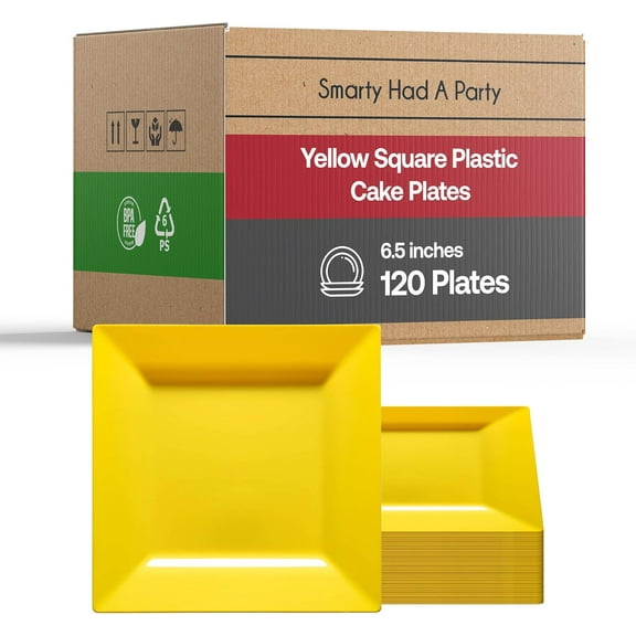 Smarty Had A Party 120 Disposable Plastic Dessert Plates, 6.5" Heavy Duty Square Yellow Salad Plates for Appetizers, Cakes, and Parties, Bulk Supplies for All Occasions
