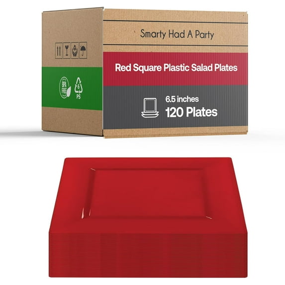 Smarty Had A Party 120 Disposable Plastic Dessert Plates, Fancy Square Red Salad Plates, 6.5" for Appetizers and Cake, Heavy Duty Bulk Party Supplies for All Occasions