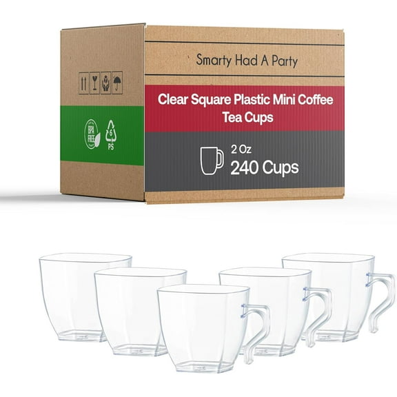 Smarty Had A Party 2 oz Clear Plastic Tea Cups with Handles Set of 240 Disposable Mugs for Tea Parties, Espresso, and Coffee, Elegant Small Drinkware for Events