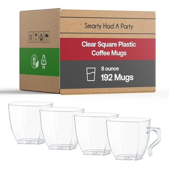 Smarty Had A Party 8 oz Clear Mugs Pack of 192 Disposable Plastic Coffee Cups with Handles, Elegant Drinkware for Hot Beverages, Tea, Cappuccino, and More