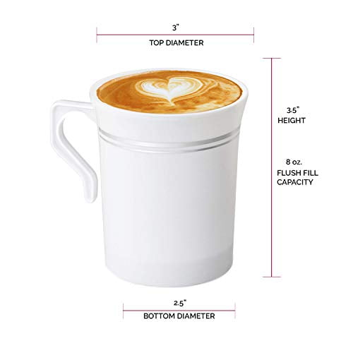 Smarty Had A Party 8 oz White with Silver Plastic Coffee Mugs with Handles – Set of 120 Disposable Coffee Cups for Hot Beverages, Tea, and Parties – Elegant Plastic Coffee Cups for Events