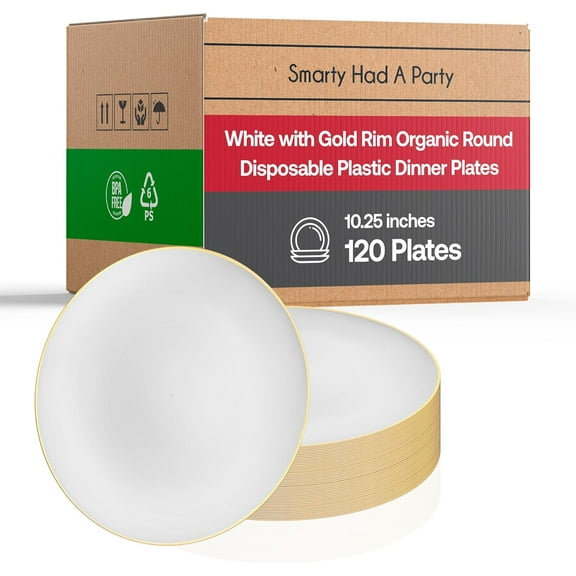 Smarty Had A Party Disposable Plastic Plates with Rim Design, Organic Round Dinnerware Bulk Order for Wedding, Birthday & All Occasions (White with Gold, 10.25" Dinner Plates (120 Plates))