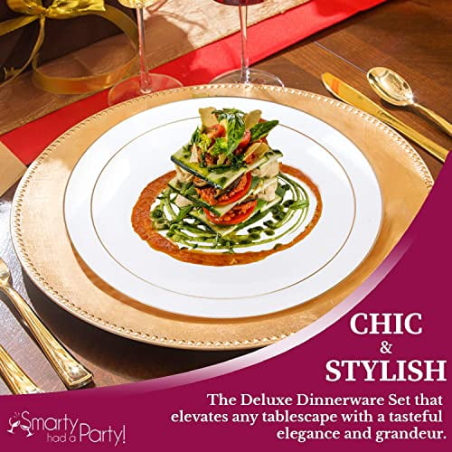 Smarty Had A Party Disposable Plastic Plates with Rim Design, Organic Round Dinnerware Bulk Order for Wedding, Birthday & All Occasions (White with Gold, 10.25" Dinner Plates (120