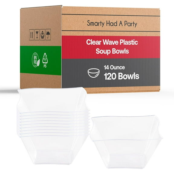 Smarty Had A Party Elegant Disposable Plastic Bowls 120 Pcs, 14 oz Fancy Wave Clear Soup Dishes, Heavy Duty Tableware for Salad, Dessert, Fruit, and Party Serving