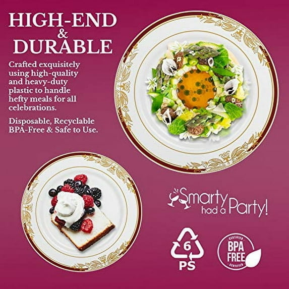 Smarty Had A Party Elegant Disposable Plastic Heavy Duty Dinnerware Sets, Fancy Design Plastic Plates, For Wedding, Birthday & All Occasions (White with Gold, 7.5" Salad Plates (120 Plates))