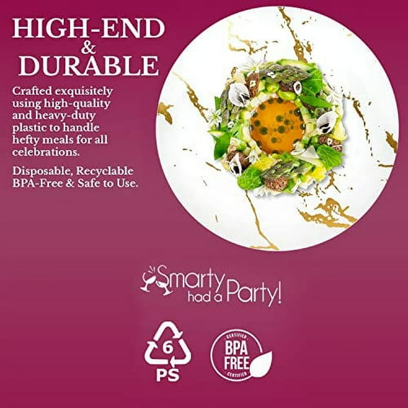 Smarty Had A Party Plastic Plates, Disposable Marble Dinnerware Set, Dinner & Salad Dishes Bulk Order for Wedding and Other Occasions (White with Gold, 10.25" Dinner Plates (120 Plates))