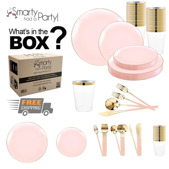 Smarty Pink with Gold Organic Disposable Plastic Tableware Set (60 Guests)
