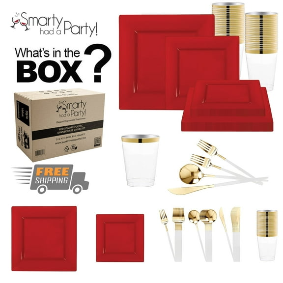 Smarty Red Square Disposable Plastic Tableware Set (60 Guests)