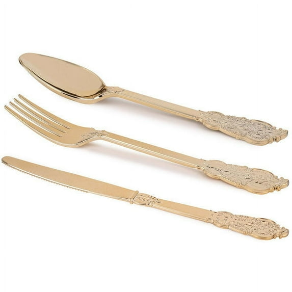 Smarty Shiny Metallic Gold Baroque Plastic Cutlery Set (600 Guests)