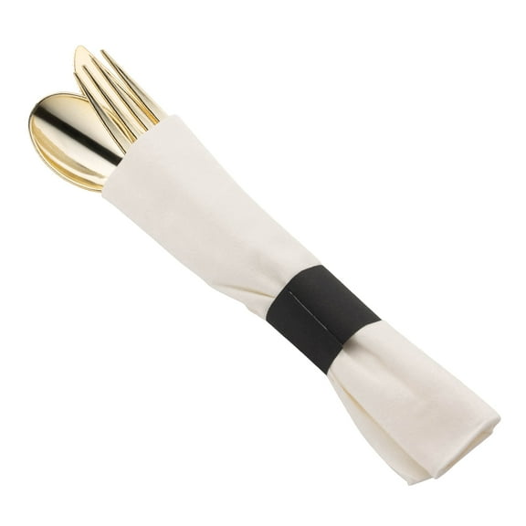 Smarty Shiny Metallic Gold Plastic Cutlery in White Napkin Roll Set (100 Guests)