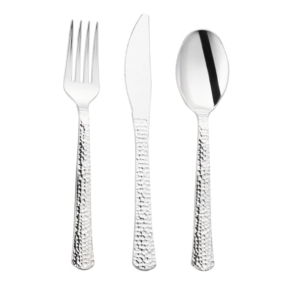 Smarty Shiny Metallic Silver Hammered Plastic Cutlery Set (1000 Guests)