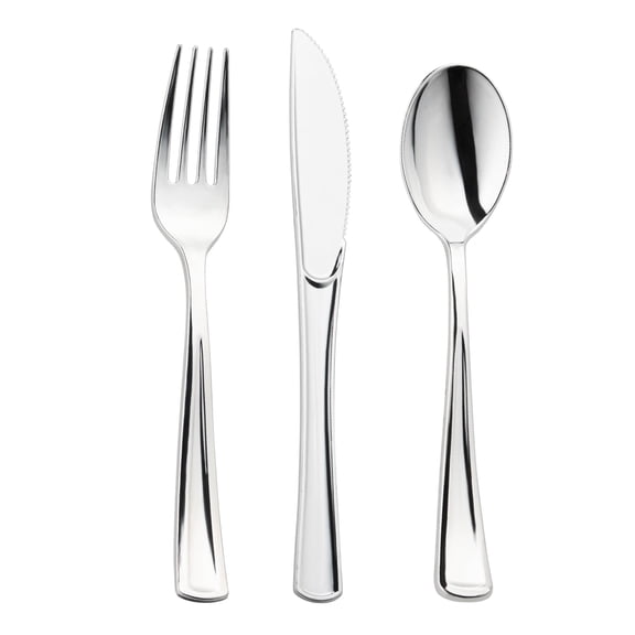 Smarty Shiny Silver Plastic Classic Cutlery Set - Spoons Forks Knives 120ct