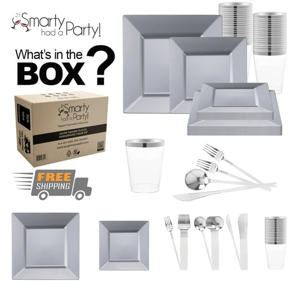 Smarty Silver Square Disposable Plastic Tableware Set (60 Guests)