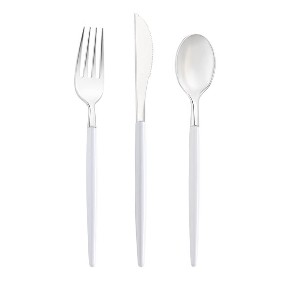 Smarty Silver with White Handle Moderno Disposable Plastic Cutlery Set (240 Guests)