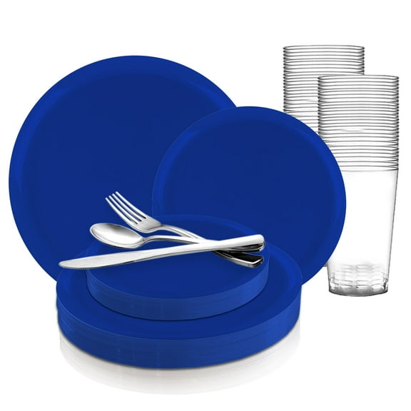Smarty Solid Blue Flat Round Disposable Plastic Wedding Value Set (60 Guests)