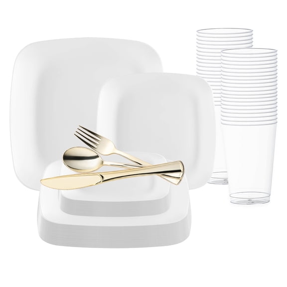 Smarty Solid White Flat Rounded Square Disposable Plastic Wedding Value Set (60 Guests)
