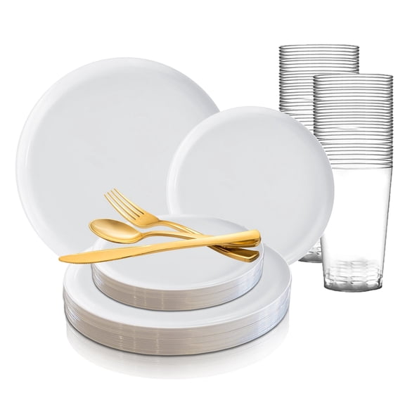 Smarty White Flat Round Disposable Plastic Wedding Value Set (60 Guests)