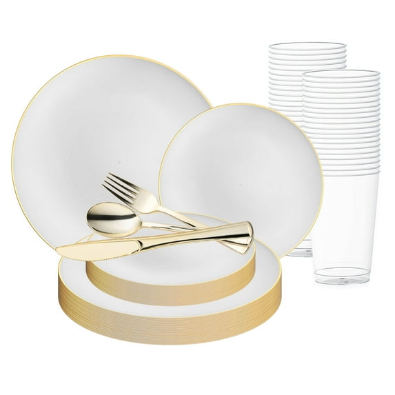Smarty White Gold Rim Organic Plastic Wedding Value Set (120 Guests)