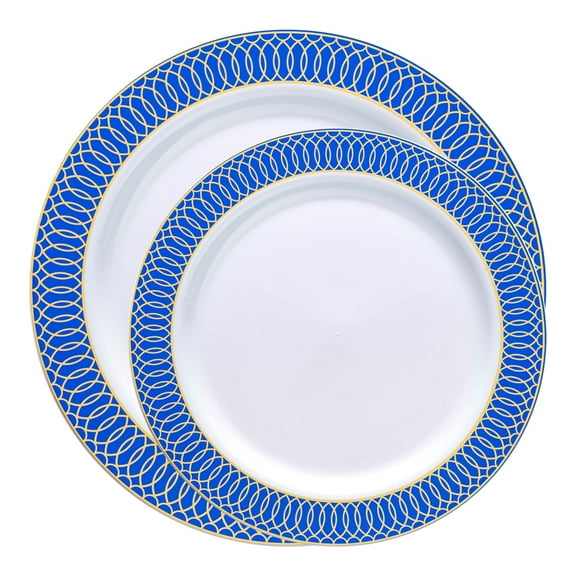 Smarty White Gold Spiral on Blue Rim Plastic Dinnerware Value Set 240ct