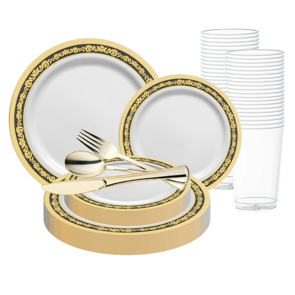 Smarty White w/ Black & Gold Royal Plastic Wedding Value Set (120 Guests)