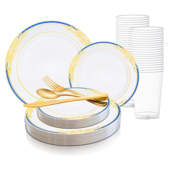 Smarty White w/ Blue Gold Harmony Plastic Wedding Value Set (120 Guests)