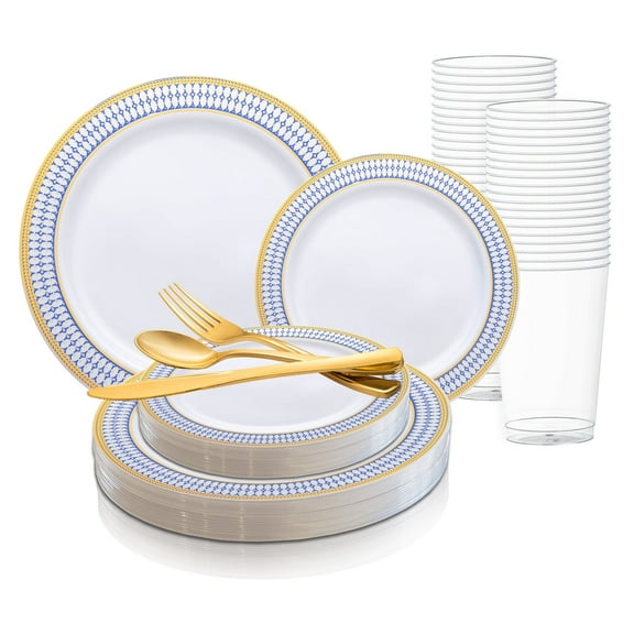 Smarty White w/ Blue and Gold Chords Plastic Wedding Value Set (120 Guests)