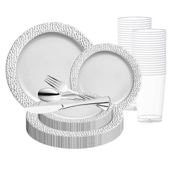 Smarty White w/ Silver Hammered Round Plastic Wedding Value Set (60 Guests)