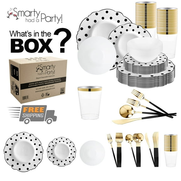 Smarty White with Black Blossom Dots Disposable Plastic Tableware Set (120 Guests)