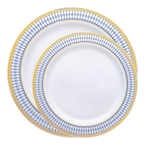 Smarty White with Blue and Gold Chords Plastic Dinnerware Value Set 240ct