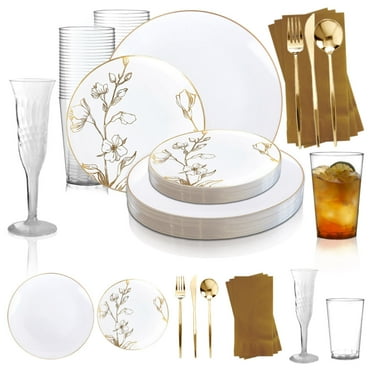 Smarty White with Gold Antique Floral Plastic Grand Wedding Value Set (50 Guests)