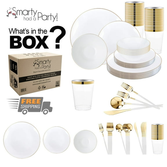 Smarty White with Gold Organic Disposable Plastic Tableware Set (60 Guests)