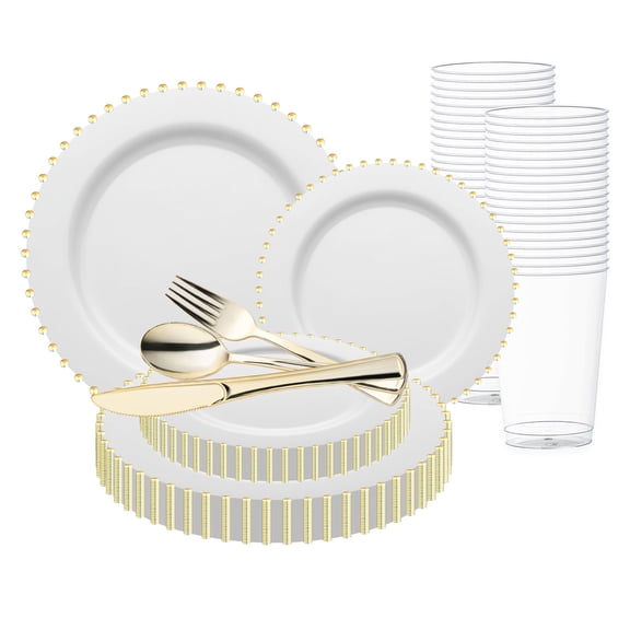 Smarty White with Gold Pearl String Round Disposable Plastic Wedding Value Set (30 Settings)