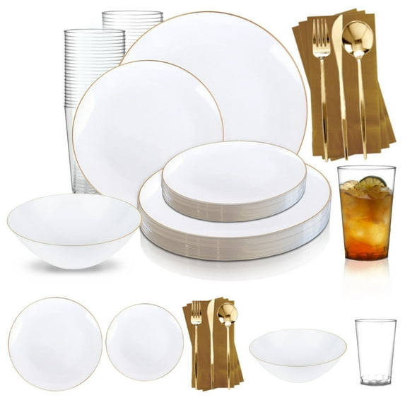 Smarty White with Gold Rim Organic Plastic Grand Wedding Value Set (50 Guests)