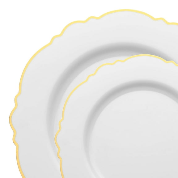 Smarty White with Gold Rim Round Blossom Disposable Plastic Dinnerware Value Set 240ct