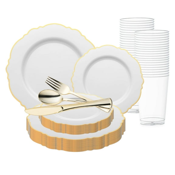 Smarty White with Gold Rim Round Blossom Disposable Plastic Wedding Value Set (120 Guests)
