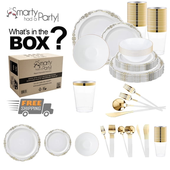 Smarty White with Gold Vintage Disposable Plastic Tableware Set (60 Guests)