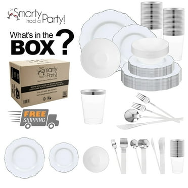Smarty White with Silver Blossom Rim Disposable Plastic Tableware Set (60 Guests)