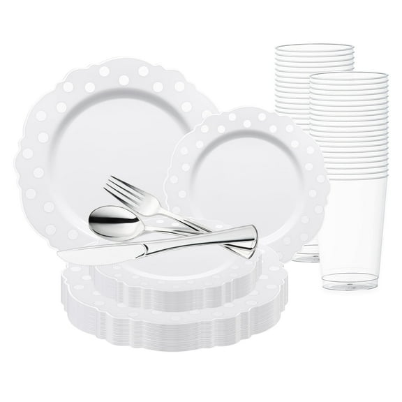 Smarty White with Silver Dots Round Blossom Disposable Plastic Wedding Value Set (60 Guests)