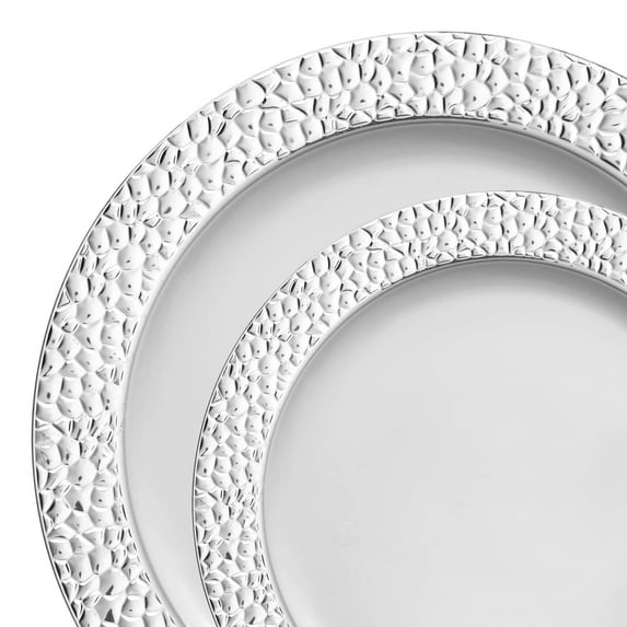 Smarty White with Silver Hammered Rim Round Plastic Dinnerware Value Set 240ct