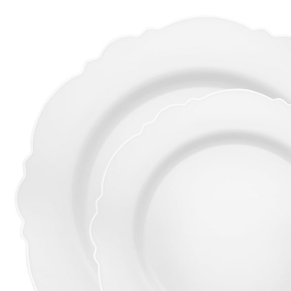 Smarty White with Silver Rim Round Blossom Disposable Plastic Dinnerware Value Set 240ct